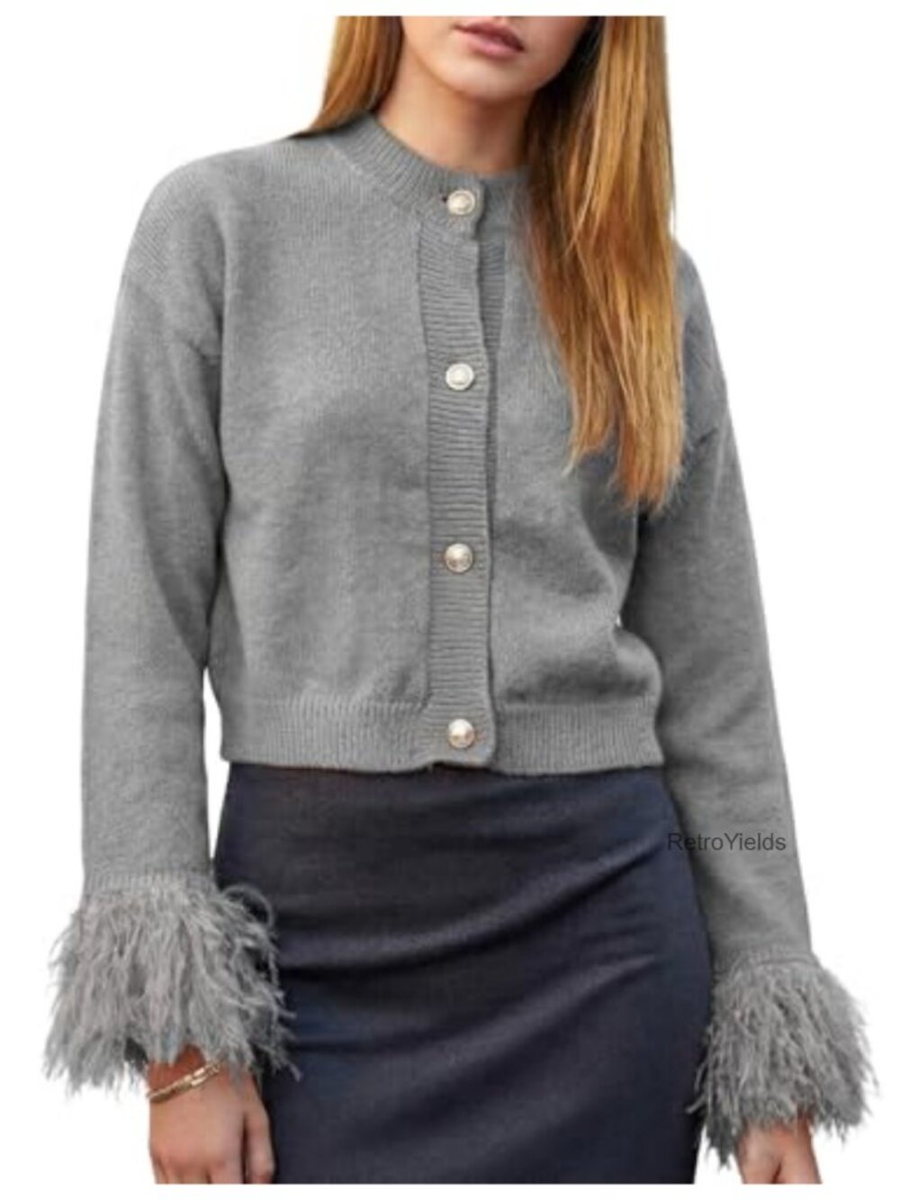 Womens Cropped Cardigan Sweater Feather Cuff Tassel Knit Button Up
